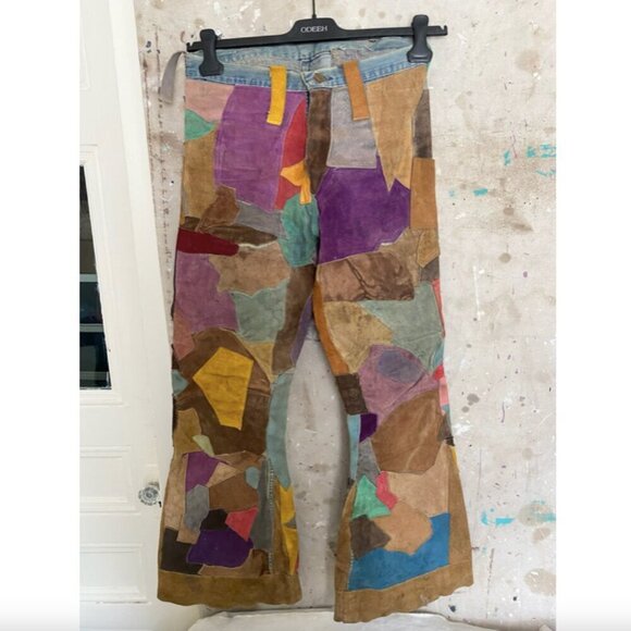 Vintage 70s Suede Patchwork Groovy Jeans Men's 28 - Disco Flare Handmade OOAK - Picture 2 of 15